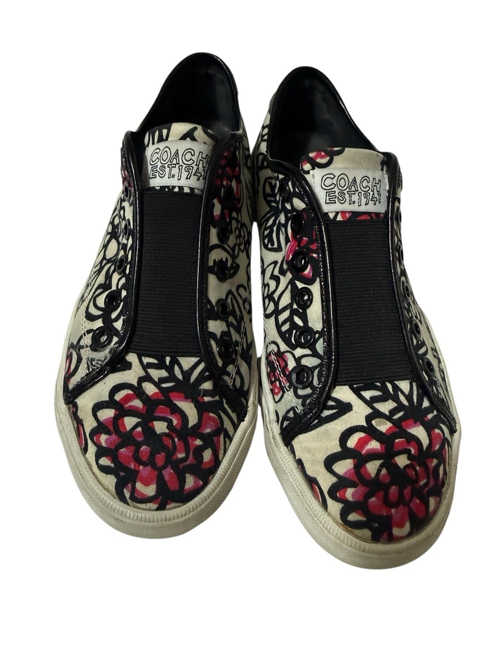 COACH Women’s Cream Slip-On Sneakers with Black & Red Floral Print